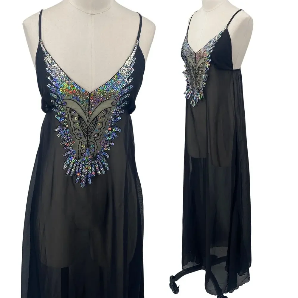 Vintage Y2k Iridescent Sequin Butterfly Nightgown Sheer Maxi Black Womens 2/4 - Picture 1 of 12